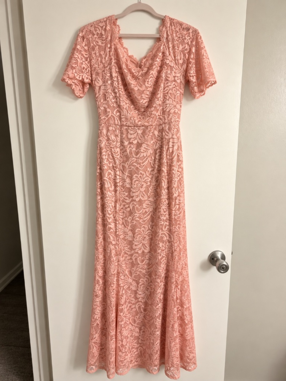 JJ's House Blush Pink Floral Lace Formal Maxi Dress Cowl Neck Evening Gown
